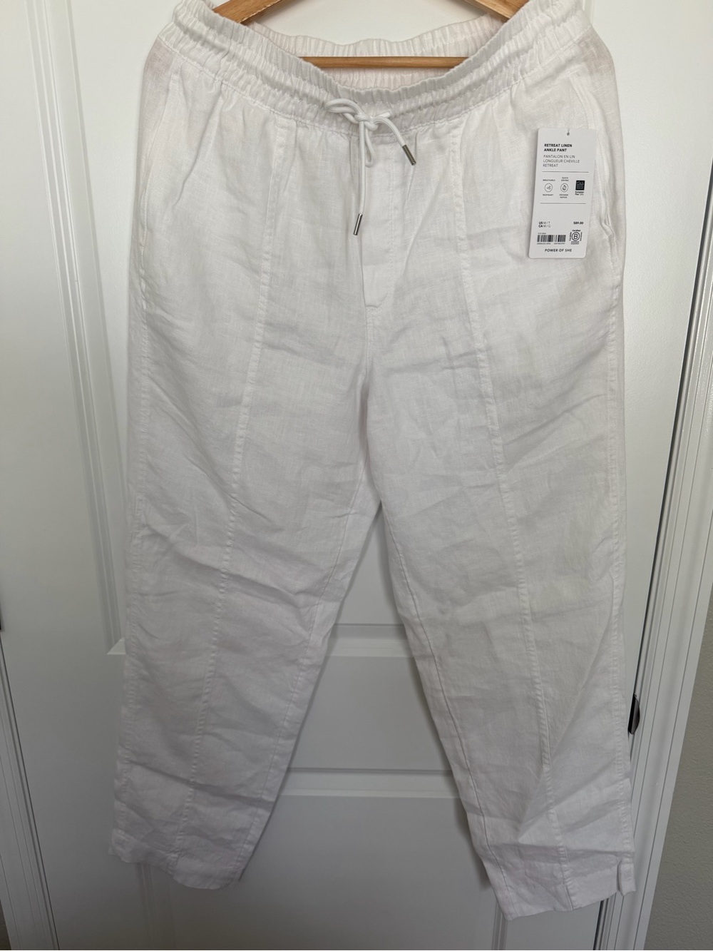 Women White Elastic Waist Pull-On Pants 100% Linen Brand New!!